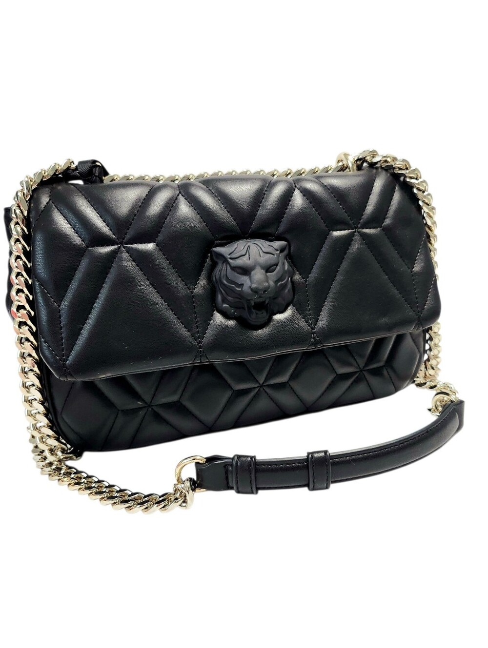 Just Cavalli Black Quilted Shoulder Bag with Chain Strap & Tiger Head NEW